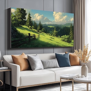 Quadro su tela "Rainbow Mountain Meadow", dipinto di paesaggio forestale, dipinto su tela con scena naturale, opera d'arte con recinzione rustica, arredamento per la casa con colline verdi