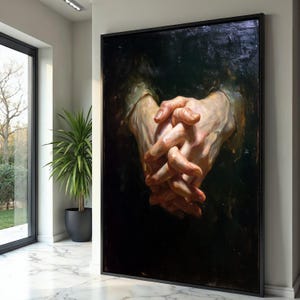 Dipinto ad olio su tela "Mani intrecciate", dipinto murale con mani umane realistiche, tema di preghiera e riflessione, dipinto su tela figurativo classico, casa