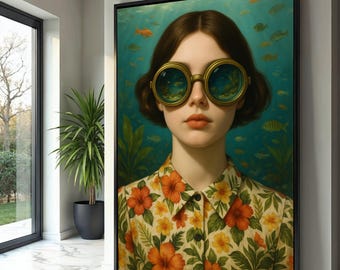 Surreal Girl Canvas Print, Vintage Goggles, Floral Shirt, Underwater Art