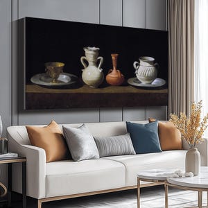 Classic Still Life Canvas Wall Art, Antique Pottery and Metalware Still Life Painting, Vintage Home Decor Canvas, Elegant Kitchen Wall Art