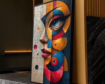 Abstract Geometric Face Canvas, Colorful Cubism Wall Art