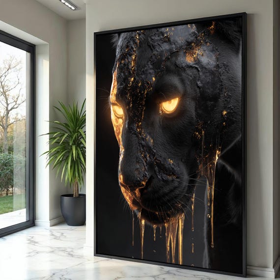 Fiery Black Panther Canvas Wall Art, Glowing Eyes Canvas, Modern Animal Art, Dark Wildlife Decor, Abstract Lava Texture Canvas