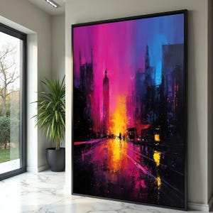 Vibrant Cityscape Canvas Wall Art, Neon Skyline Painting, Urban Abstract Canvas, Colorful Night Street Scene, Modern Home Decoration