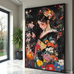 Elegant Geisha Portrait Canvas, Floral Kimono Wall Art, Asian Woman Painting, Colorful Flower Decor, Modern Japanese Style Canvas