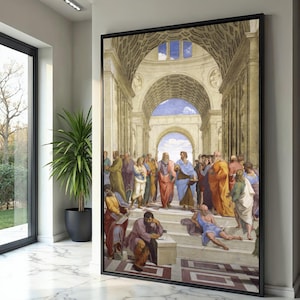 Quadro su tela "La Scuola di Atene", dipinto di architettura rinascimentale, opere d'arte di filosofi, decorazioni sulla saggezza greca classica, arte storica