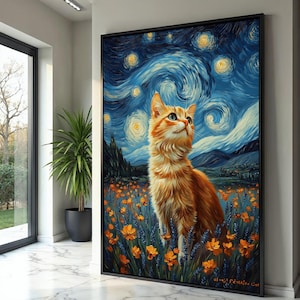 Cielo notturno stellato con gatto arancione su tela, stampa su tela in stile Van Gogh, paesaggio di campo fiorito, ritratto di gatto stravagante, decorazione per la casa