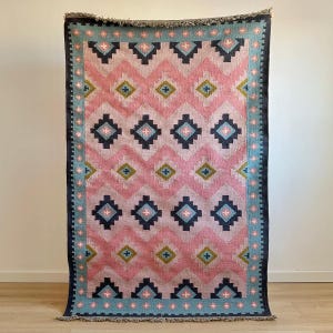 Handmade Kilim Rug | Pink and Blue Geometric Pattern Wool Area Rug | Boho Living Room Carpet | Tribal Flatweave Durry