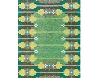 Handwoven Wool Kilim Rug | Green & Yellow Geometric Flatweave
