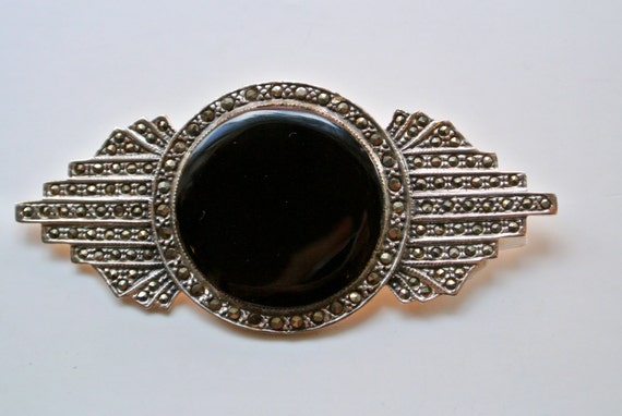 Broche Vintage Argent Massif Onyx Et Marcassites – Style Art Déco
