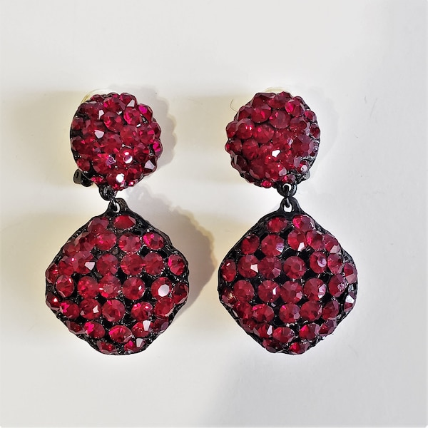 Vintage Japanned Red Rhinestones Dangling Clip On Earrings