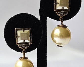 Vintage Faux Pearls Brass Square Setting Pierced Earrings