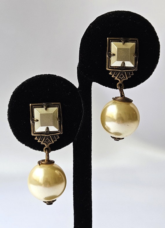 Vintage Faux Pearls Brass Square Setting Pierced … - image 1