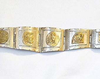 Vintage Made In Mexico Sterling Silver Brass Accents Six Panel Hinged 1950 Bracelet