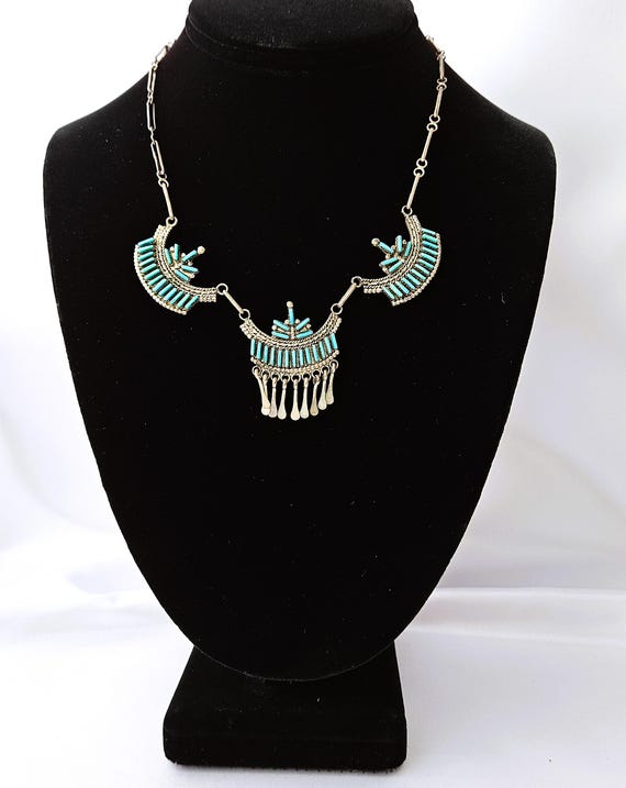 Cute Vintage Native American Zuni Needle Turquoise Sterling Silver Necklace Old Cute Vintage Native American Zuni Needle Turquoise Sterling Silver Necklace Old