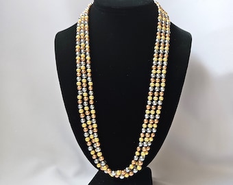 Vintage Tri-Color Gold Copper Gray Three Strand Bead Necklace