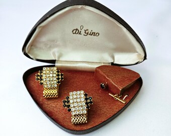 Vintage Cuff Links Tie Tac Gold-Tone Mesh Black Clear Rhinestone Set
