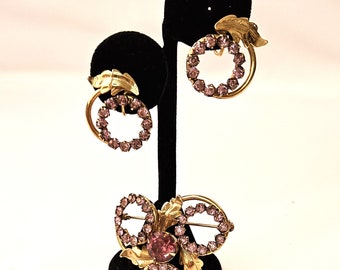 Vintage Pink Rhinestones Gold-Tone Brooch And Earring Set