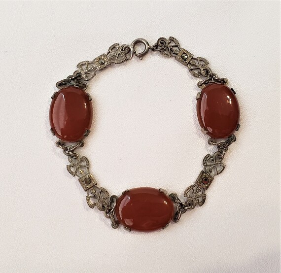 Vintage Carnelian Marcasites And Silver-Metal Bra… - image 1