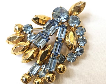 Vintage Baby Blue And Gold-Tone Rhinestones Brooch Pin