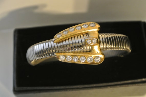 Vintage Silver Rhinestone Buckle Cuff Bracelet - image 3