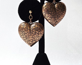 Vintage Puffy Copper Engraved Hearts Pierced Earrings