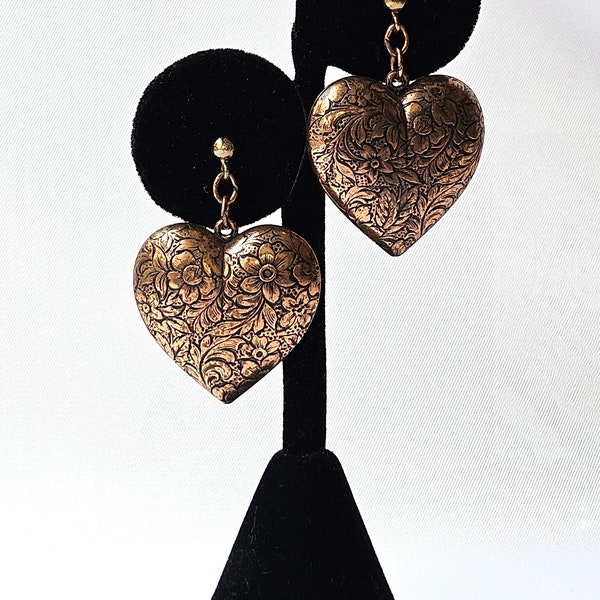 Vintage Puffy Copper Engraved Hearts Pierced Earrings