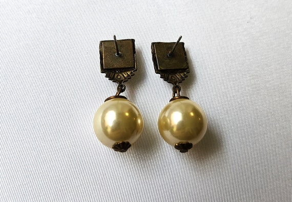 Vintage Faux Pearls Brass Square Setting Pierced … - image 5