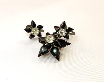 Vintage 3-Piece Set Black Pear-Shape, Round Clear Rhinestones Pin Screw-On Earrings