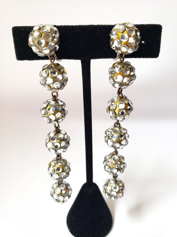 Vintage Dangling Gold Balls Clear Silver Rhineston