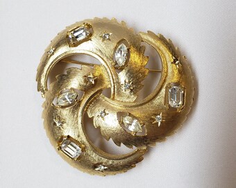 Vintage Spiral Gold-Tone Rhinestone Brooch Pin