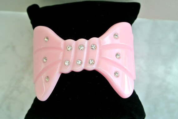 Vintage Plastic Pink Bow With Rhinestones Cuff Br… - image 4