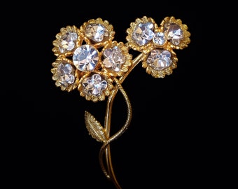 Vintage Silver Rhinestones Gold-Tone Metal Double Flower Brooch Pin