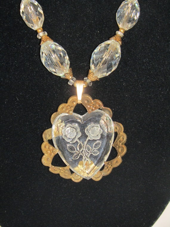 Vintage Crystals Reverse Carved Heart Necklace