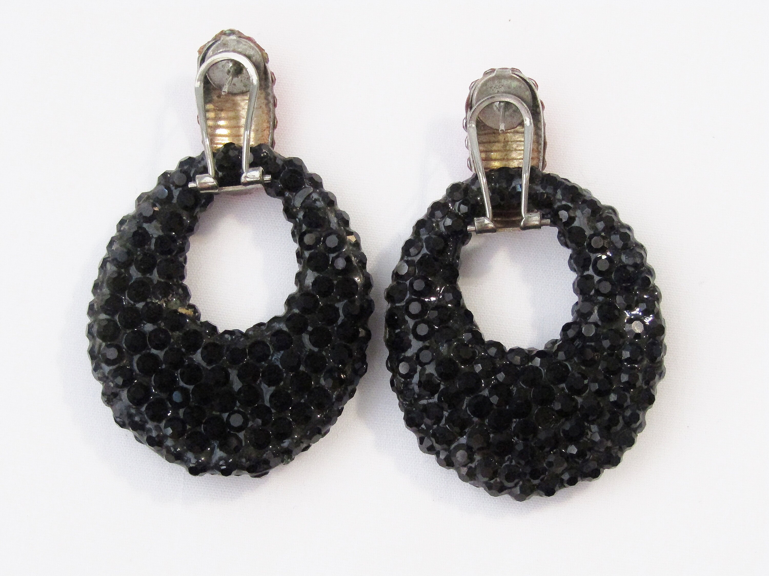 Boucles D'oreilles Vintage à Pendentif - Strass Noir Et Argent - Modèle 4538 - Occasion Bon état
