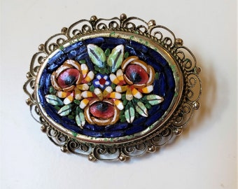 Vintage Made In Italy Flowers Mosaic Brooch Pin