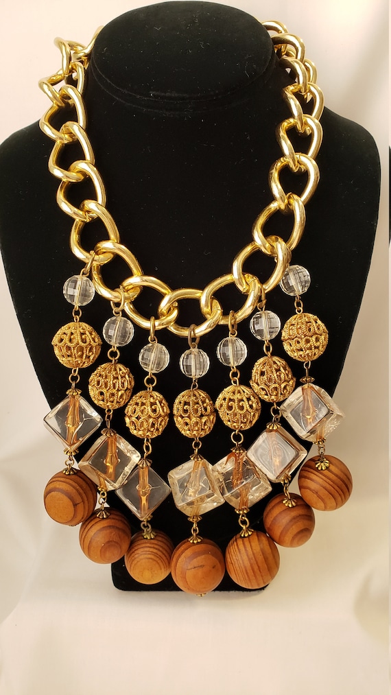 Vintage Wood Lucite Goldtone Chain Necklace