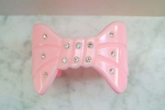 Vintage Plastic Pink Bow With Rhinestones Cuff Br… - image 1