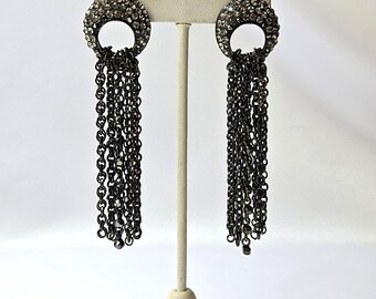 Vintage Black Chains Black Rhinestones Silver Rhinestones Black Metal Pierced Earrings