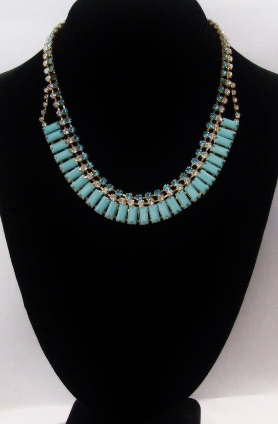 Vintage Aqua And Clear Rhinestone Necklace