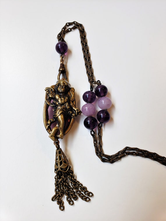 Vintage Cherub Amethyst Glass And Bead Necklace