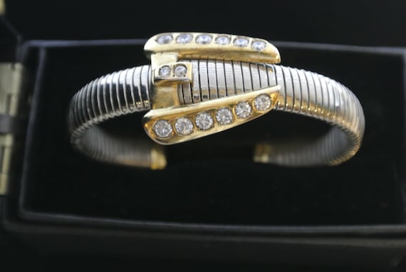 Vintage Silver Rhinestone Buckle Cuff Bracelet - image 1