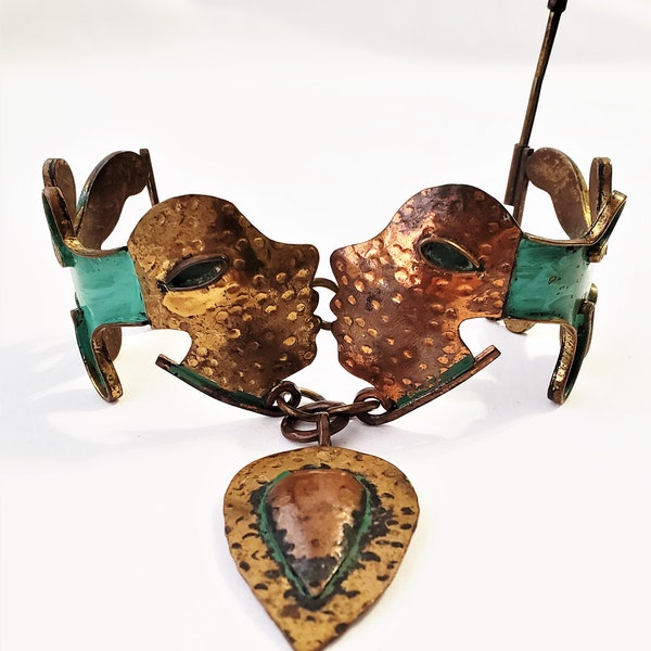 Vintage Casa Maya Mexico Copper Brass And Enamel Lovers Kissing Bracelet