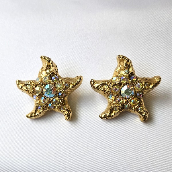Vintage Star Fish Clip-On Golden-Tone Aurora Borealis Clip-On Earrings.