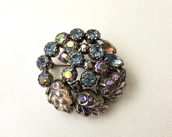 Vintage Weiss Silver-Tone Peach Aurora Borealis Blue Iridescent Leaves Domed Brooch Pin