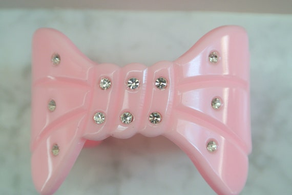 Vintage Plastic Pink Bow With Rhinestones Cuff Br… - image 5