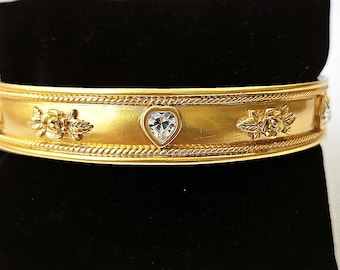 Vintage Elizabeth Taylor Avon Heavy Gold-Tone Hearts Rhinestones Flowers Bangle Bracelet