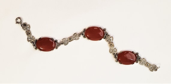 Vintage Carnelian Marcasites And Silver-Metal Bra… - image 2