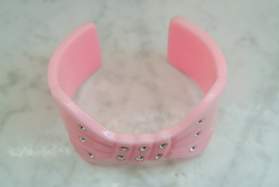 Vintage Plastic Pink Bow With Rhinestones Cuff Br… - image 3