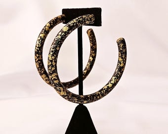 Vintage Pierced Gold And Black Mottled Hoop Earrings