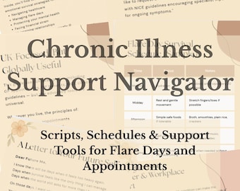 May include: A collection of printed documents with text, including a welcome letter, scripts for appointments, and schedules. The documents are designed to provide support and guidance for individuals managing chronic illnesses and flare days.
